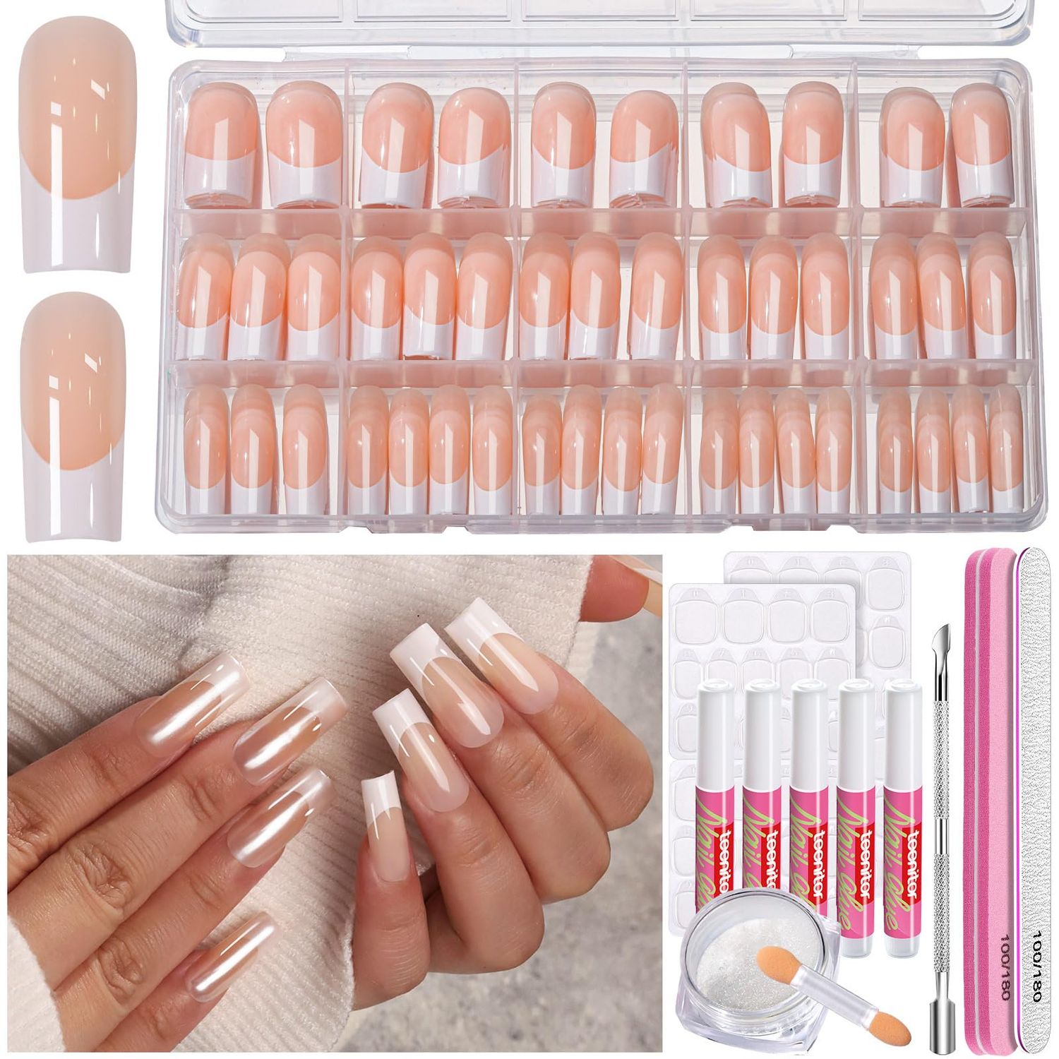 Teenitor French Tip Press on Nails Long Square, 15 Sizes of French Tip Nails Press on French Tip Nails, Long Press on Nails for Women