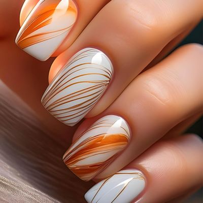RUOKEXIN Medium Press on Nails Square Fake Nails Orange Ombre False Nails with Designs Medium Glue on Nails Sparkly Artificial Nails Cute Stick on Nails for Women 24Pcs