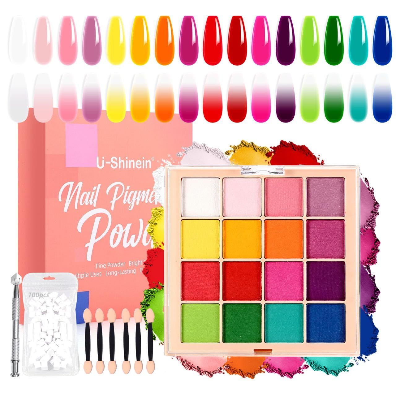 Nail Pigment Powder Palette Set, 16 Colors Ombre Nail Powder Palette with 100pcs Sponges &amp;Grabbing Pen French Aura Nails Ombre Nail Art DIY Accessories Home Salon Art.