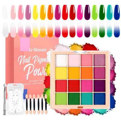 Nail Pigment Powder Palette Set, 16 Colors Ombre Nail Powder Palette with 100pcs Sponges &amp;Grabbing Pen French Aura Nails Ombre Nail Art DIY Accessories Home Salon Art.