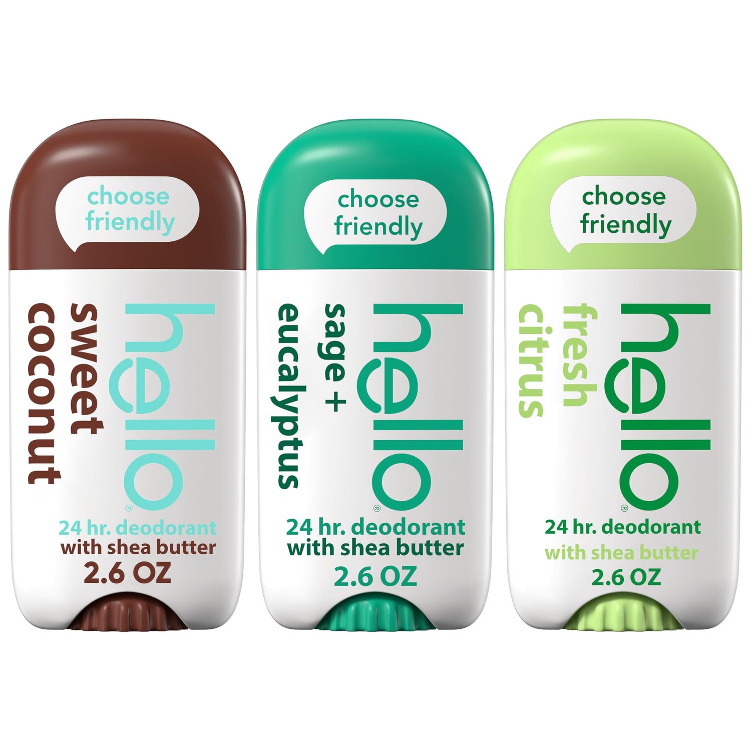 hello Deodorant Variety Pack (Sweet Coconut, Fresh Citrus, White Sage) for Women Men, Aluminum Free, Baking Soda Free, Parabens Free, 24 Hour Odor Protection, 2.6 Ounce, 3 Pack
