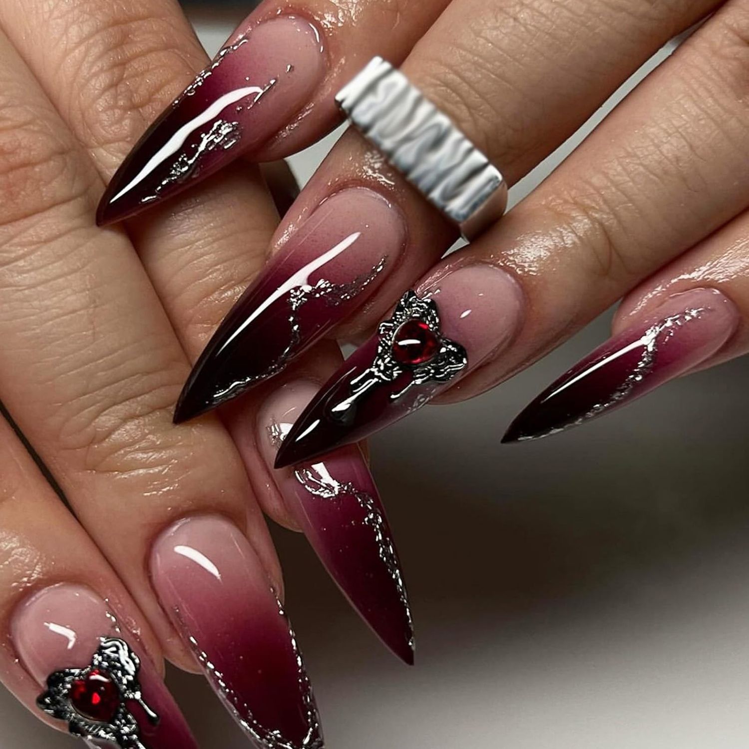 Ombre Press on Nails Long Stiletto Fake Nails with 3D Heart Rhinestone Design Purple Black Gradient Acrylic False Nails Glossy Gel Nail Tips Glue on Nails for Coquette Women Girls 24Pcs