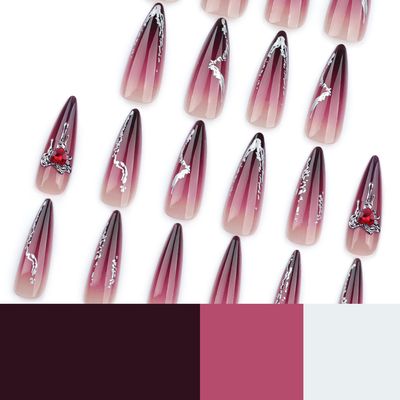Ombre Press on Nails Long Stiletto Fake Nails with 3D Heart Rhinestone Design Purple Black Gradient Acrylic False Nails Glossy Gel Nail Tips Glue on Nails for Coquette Women Girls 24Pcs