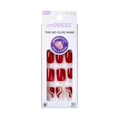 KISS imPRESS No Glue Mani Press-On Nails, Mini, Endlessly, Medium Red, Short Size, Squoval Shape, Includes 30 Nails, Prep Pad, Instructions Sheet, 1 Manicure Stick, 1 Mini File