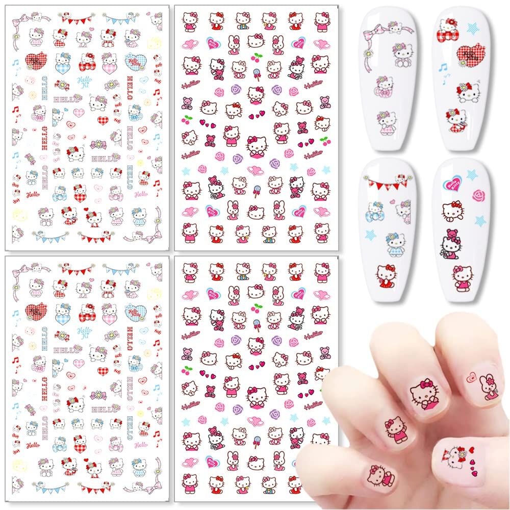 Cute Nail Stickers Decals 3D Self Adhesive Nail Design Stickers Cartoon Cat Nail Decals for Women Girls DIY Manicure Tip 4 Sheets Kawaii Nail Art Stickers Decoraiton Accessory