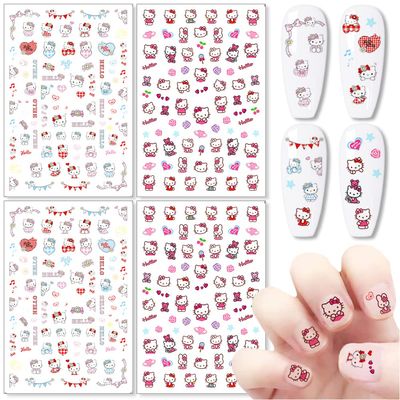Cute Nail Stickers Decals 3D Self Adhesive Nail Design Stickers Cartoon Cat Nail Decals for Women Girls DIY Manicure Tip 4 Sheets Kawaii Nail Art Stickers Decoraiton Accessory