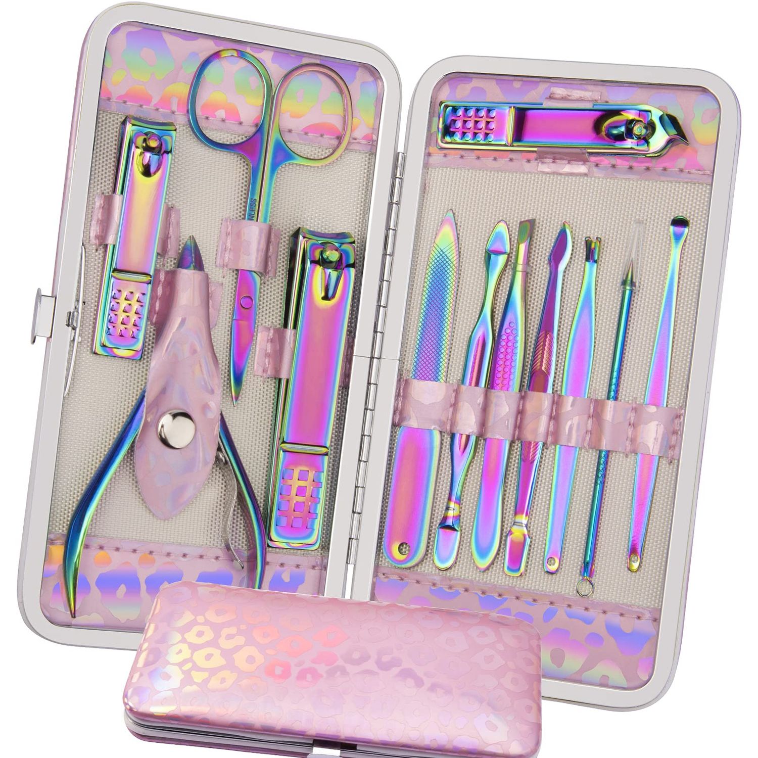 Manicure Set Nail Clippers Pedicure Kit - 12pcs Stainless Steel Nail Kit, Colorful Professional Nail Care Kit Nail Files &amp; Scissors Tools for Hands Foot Facial - Pink