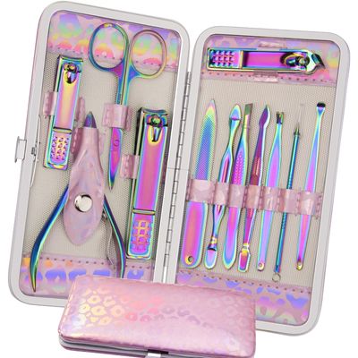 Manicure Set Nail Clippers Pedicure Kit - 12pcs Stainless Steel Nail Kit, Colorful Professional Nail Care Kit Nail Files &amp; Scissors Tools for Hands Foot Facial - Pink