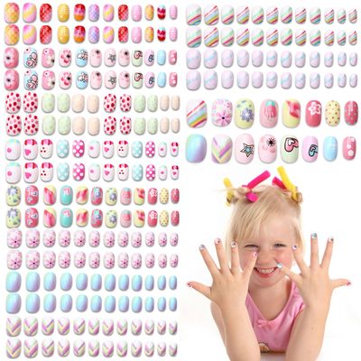 Ideal Swan 240 Pcs 10 Pack Press on Nails for Kids, False Nails Kids Press on Glue Full Cover Acrylic Nail Tip Kit for Children Little Girls Nail Decoration Multicolor Gradient Series