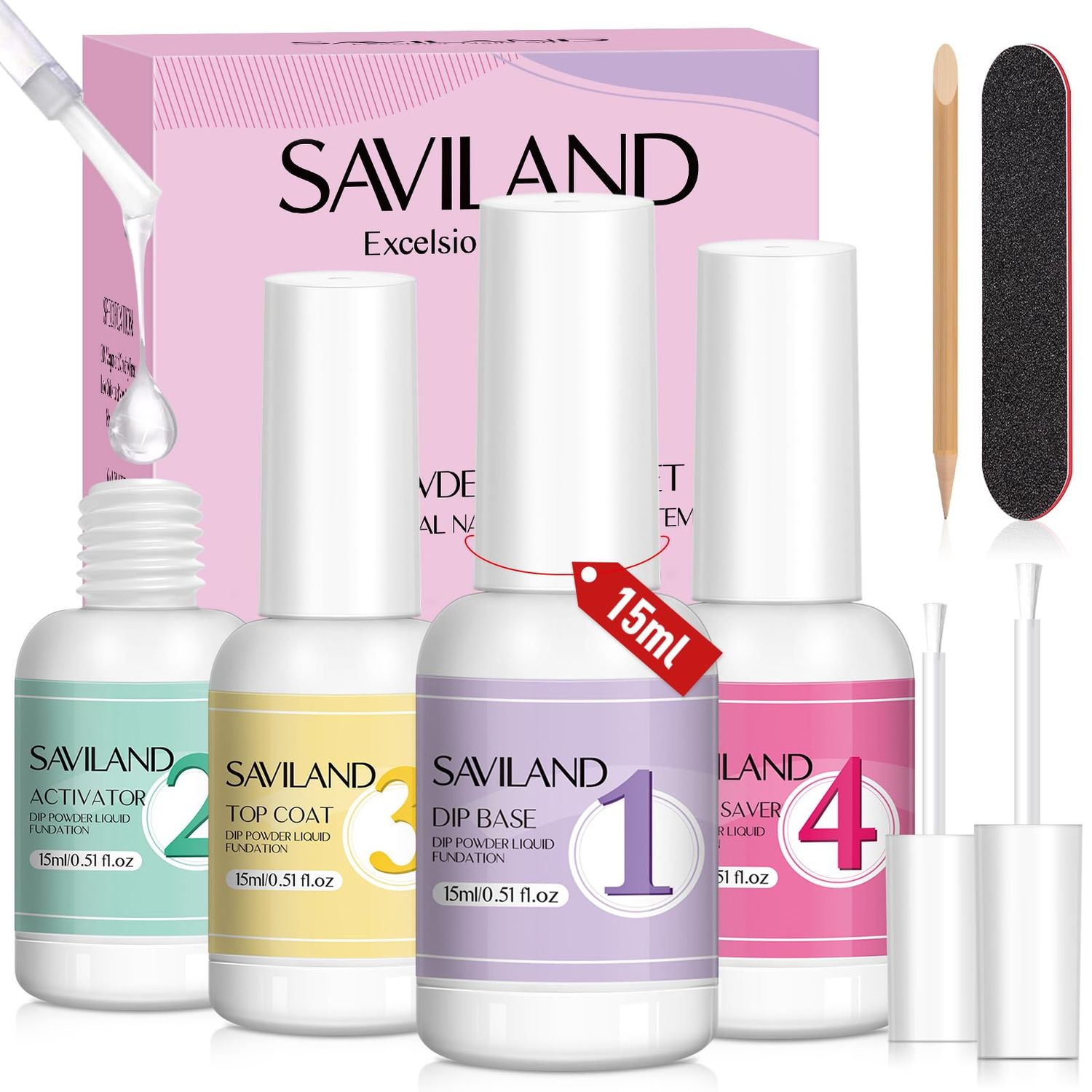 SAVILAND Dip Powder Liquid Set - 4pcs Dipping Powder Liquid Set with Dip Powder Base Activator Top Coat and Brush Saver 15 ml/0.5 Fl.oz Nail Dip Liquid Set for Dip Powder Home DIY Salon Art