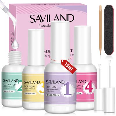 SAVILAND Dip Powder Liquid Set - 4pcs Dipping Powder Liquid Set with Dip Powder Base Activator Top Coat and Brush Saver 15 ml/0.5 Fl.oz Nail Dip Liquid Set for Dip Powder Home DIY Salon Art