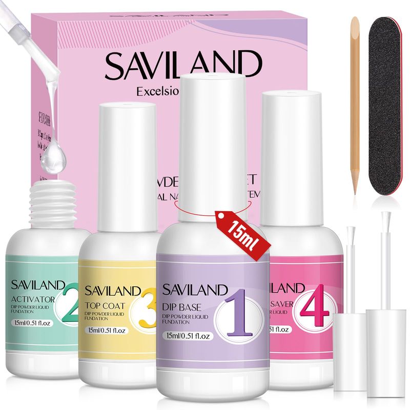 SAVILAND Dip Powder Liquid Set - 4pcs Dipping Powder Liquid Set with Dip Powder Base Activator Top Coat and Brush Saver 15 ml/0.5 Fl.oz Nail Dip Liquid Set for Dip Powder Home DIY Salon Art