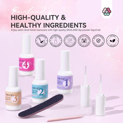 SAVILAND Dip Powder Liquid Set - 4pcs Dipping Powder Liquid Set with Dip Powder Base Activator Top Coat and Brush Saver 15 ml/0.5 Fl.oz Nail Dip Liquid Set for Dip Powder Home DIY Salon Art