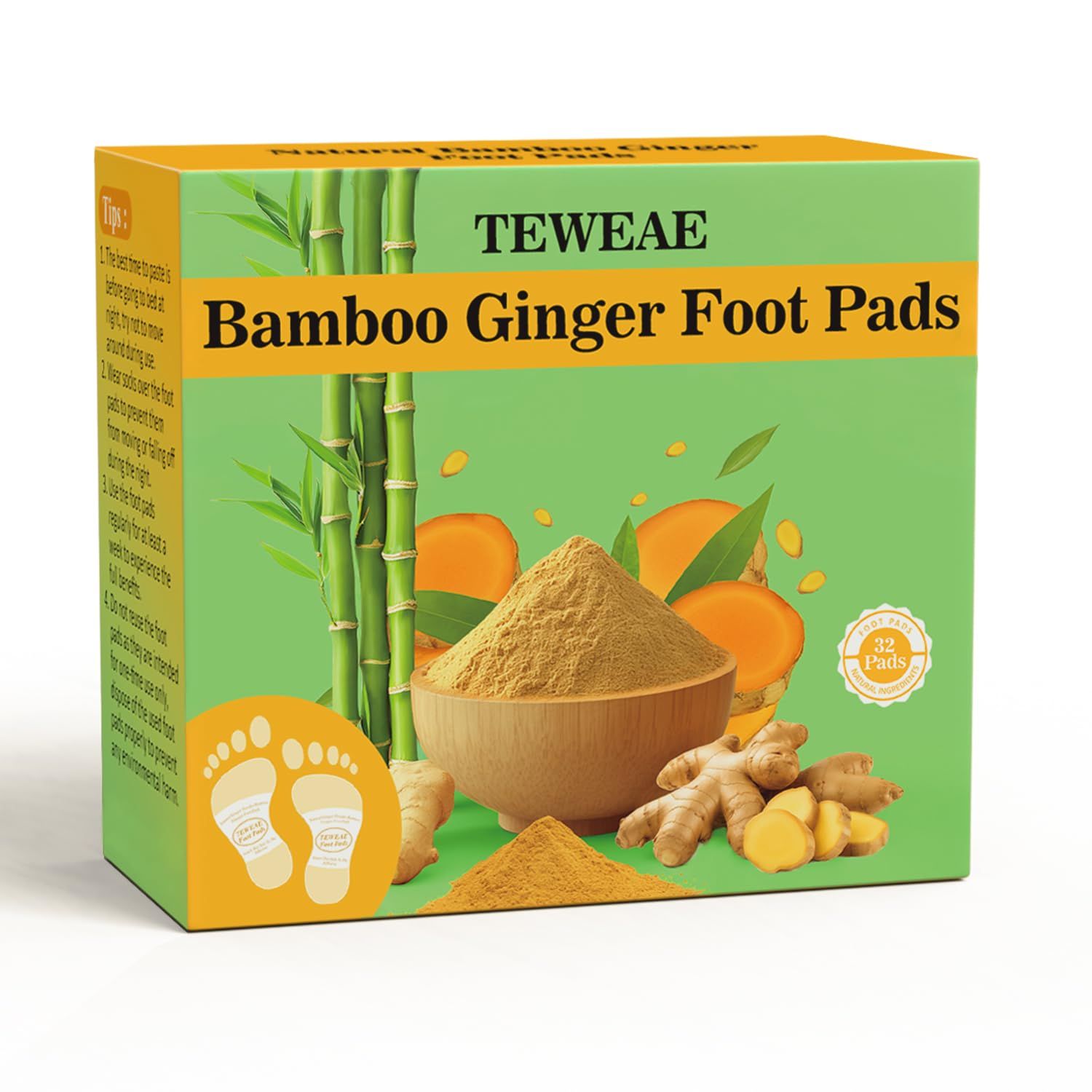 TEWEAE 32 Pads Foot Pads -with Pure Natural Turmeric &amp; Ginger, Wormwood, Bamboo Vinegar, Bigger Adhesive Pad Ginger Foot Pads