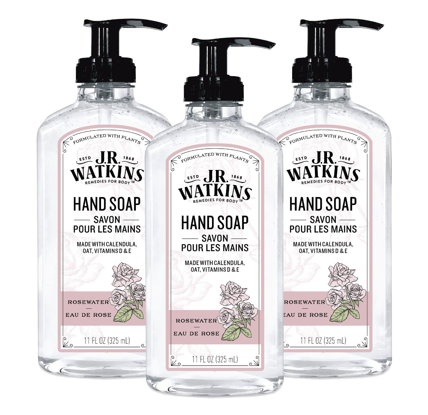 J.R. Watkins Gel Hand Soap With Dispenser, Moisturizing Hand Wash, All Natural, Alcohol-Free, Cruelty-Free, USA Made, Rosewater, 11 Fl Oz (Pack of 3)