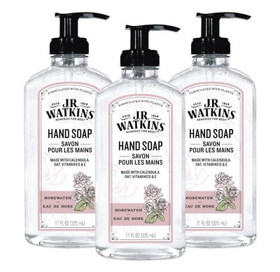 J.R. Watkins Gel Hand Soap With Dispenser, Moisturizing Hand Wash, All Natural, Alcohol-Free, Cruelty-Free, USA Made, Rosewater, 11 Fl Oz (Pack of 3)