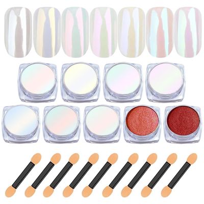 9 Colors Chrome Nail Powder Iridescent Pearl White, Holographic Mirror Effect Nail Powder for Nail Art Decoration, Magic Pearlescent Glazed Powder for Manicure, DIY Nail Pigment