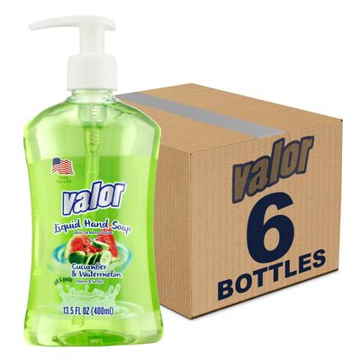 Valor Moisturizing Liquid Hand Soap, |Hand soap| Suitable for All Skin Types, Delightful Cucumber &amp; Watermelon Scent, 13.5 Fluid Ounces (Pack of 6)