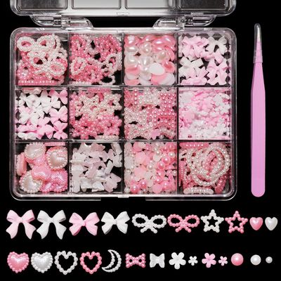 3D Pink Color White Bowknots Butterfly Nail Charms, Acrylic Spring Blossom Tiny Flowers Heart Nail Charms Mix-Sized Flatback Pearls Nail Beads for Manicure Jewel Accessories