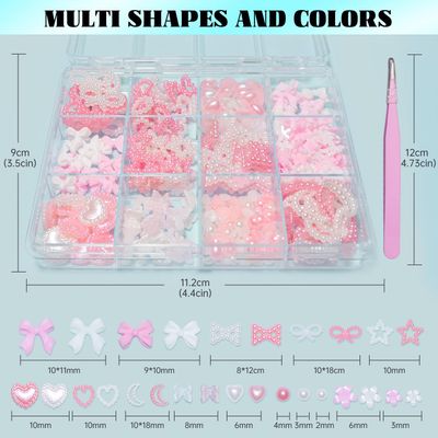 3D Pink Color White Bowknots Butterfly Nail Charms, Acrylic Spring Blossom Tiny Flowers Heart Nail Charms Mix-Sized Flatback Pearls Nail Beads for Manicure Jewel Accessories