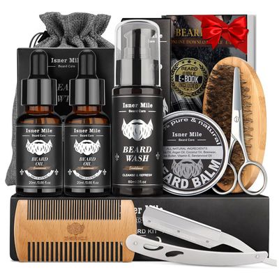 Isner Mile Beard Grooming Kit for Men: Trimming Sets with Beard Wash/Shampoo - Oil - Balm - Brush - Comb - Scissors &amp; Storage Bag, Valentines Birthday Fathers Gifts for Dad Men Husband Boyfriend