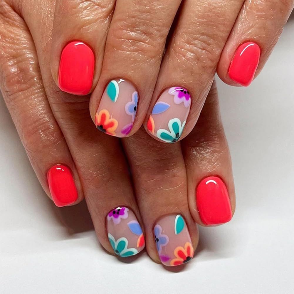 Acrylic Nails Press onPress on Nails Short Square Fake Nails Red Glossy False Nails with Cute Flower Press ons Designs Artificial Nails Stick on Nails For Women Girls 24Pcs