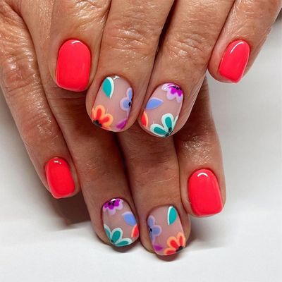 Acrylic Nails Press onPress on Nails Short Square Fake Nails Red Glossy False Nails with Cute Flower Press ons Designs Artificial Nails Stick on Nails For Women Girls 24Pcs
