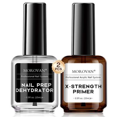 Morovan Nail Primer and Dehydrator for Acrylic Nails, Professional 2 Pcs No Burn Fast Air Dry Nail Prep Dehydrator and X-Strength Primer Natural, Acrylic Powder Application (0.5Fl oz)