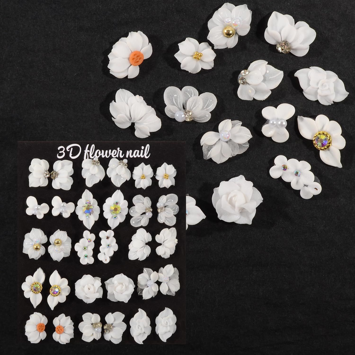 30PCS 3D Handmade Flower Nail Art Charms Advanced Handcrafted Cherry Blossom Flower Colorful Sculpted Floral Nails with Rhinestone Caviar Beads Design for Women Profession Nail Art Craft Jewelry