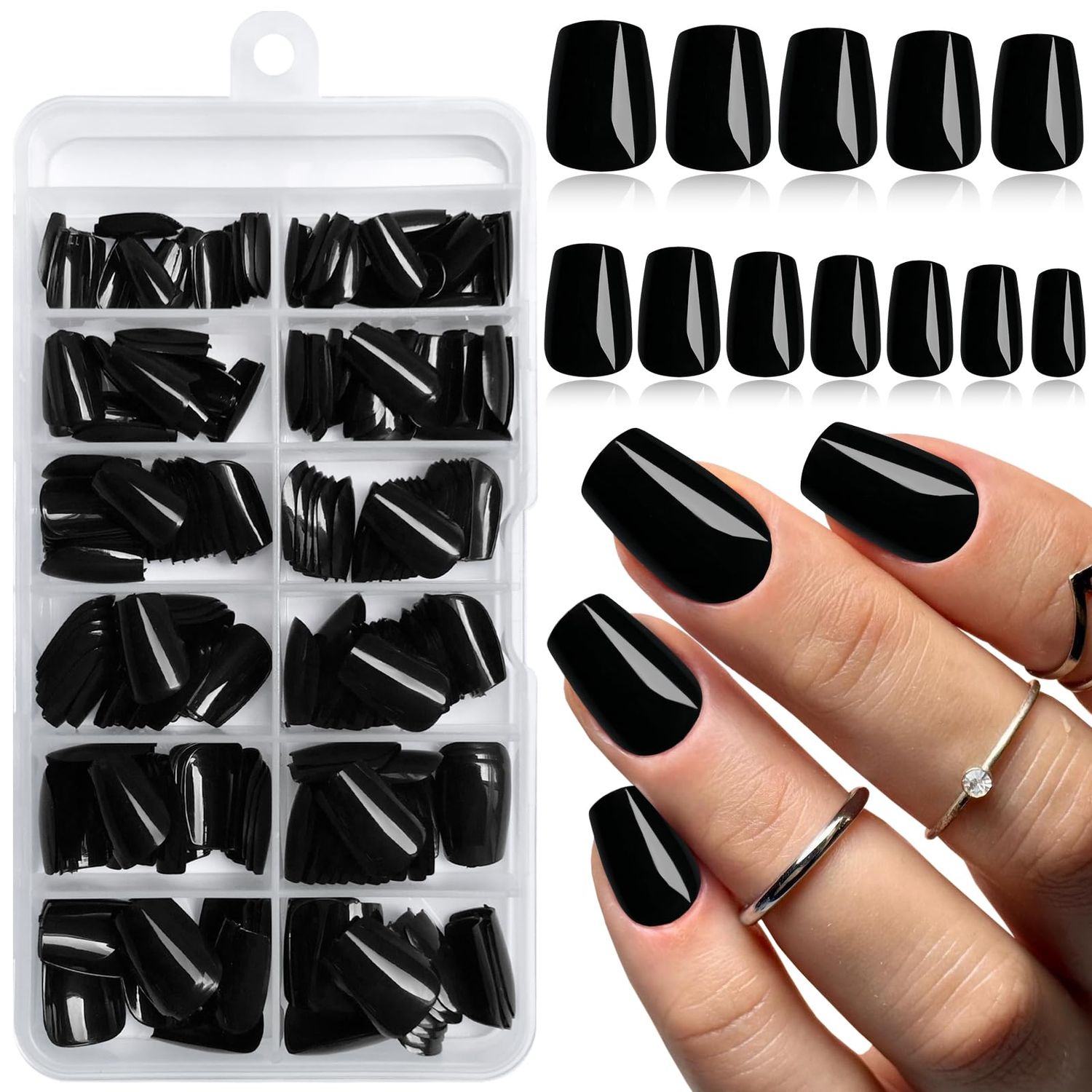 LoveOurHome 240pc Coffin Press on Nails Short Fake Nails with Glue, Short Press on Nails Coffin Glue on Nails Black Acrylic Nails Press ons False Nail Women Artficial Fingernails Fake Nail with Tabs