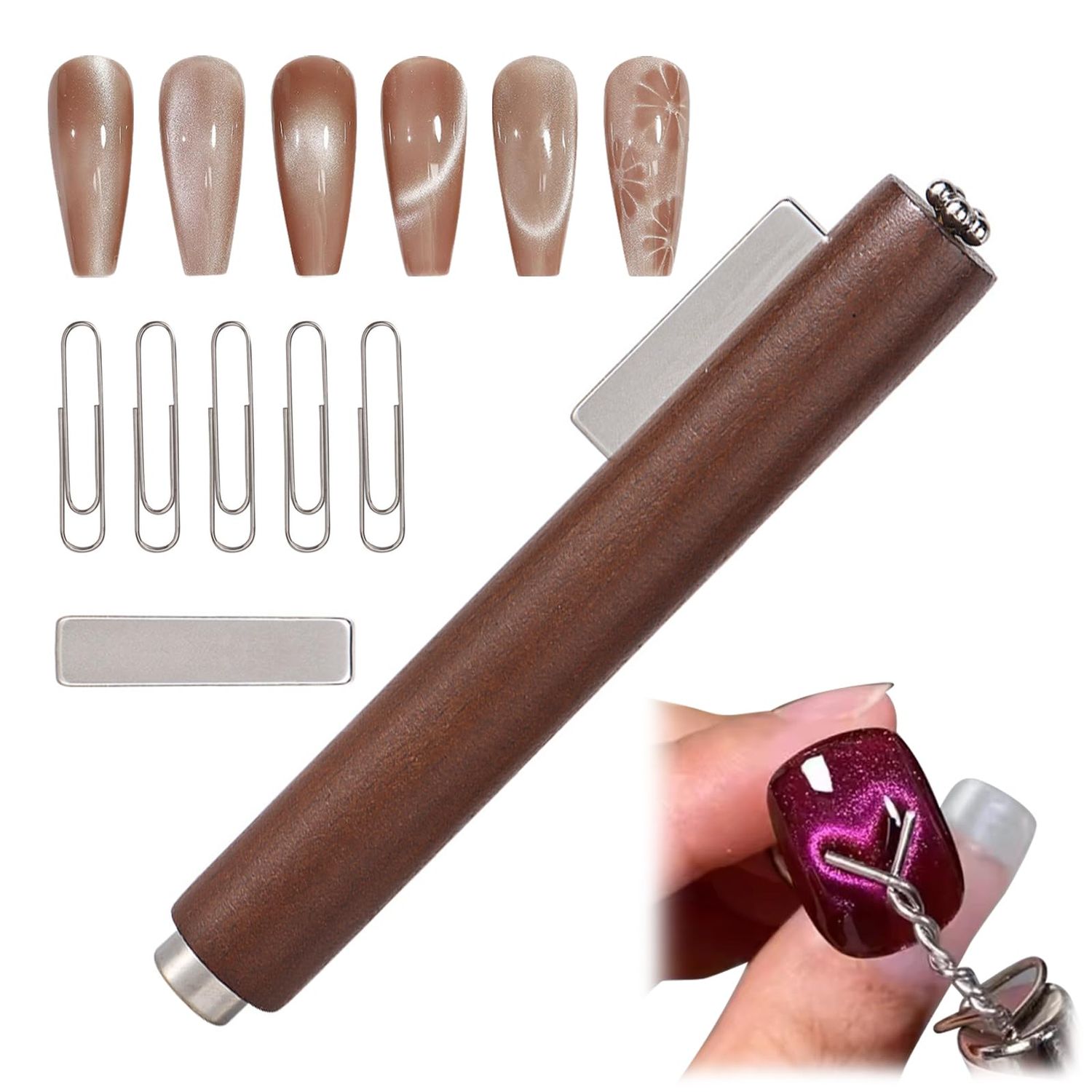 ESUOHYM 3 In 1 Nail Magnet For Cat Eye Gel Polish With Extra 1 PCS Square Magnet, 5 PCS Paper Clips For Heart Flower And Black Hole Nail Art DIY Tools Design Walnut