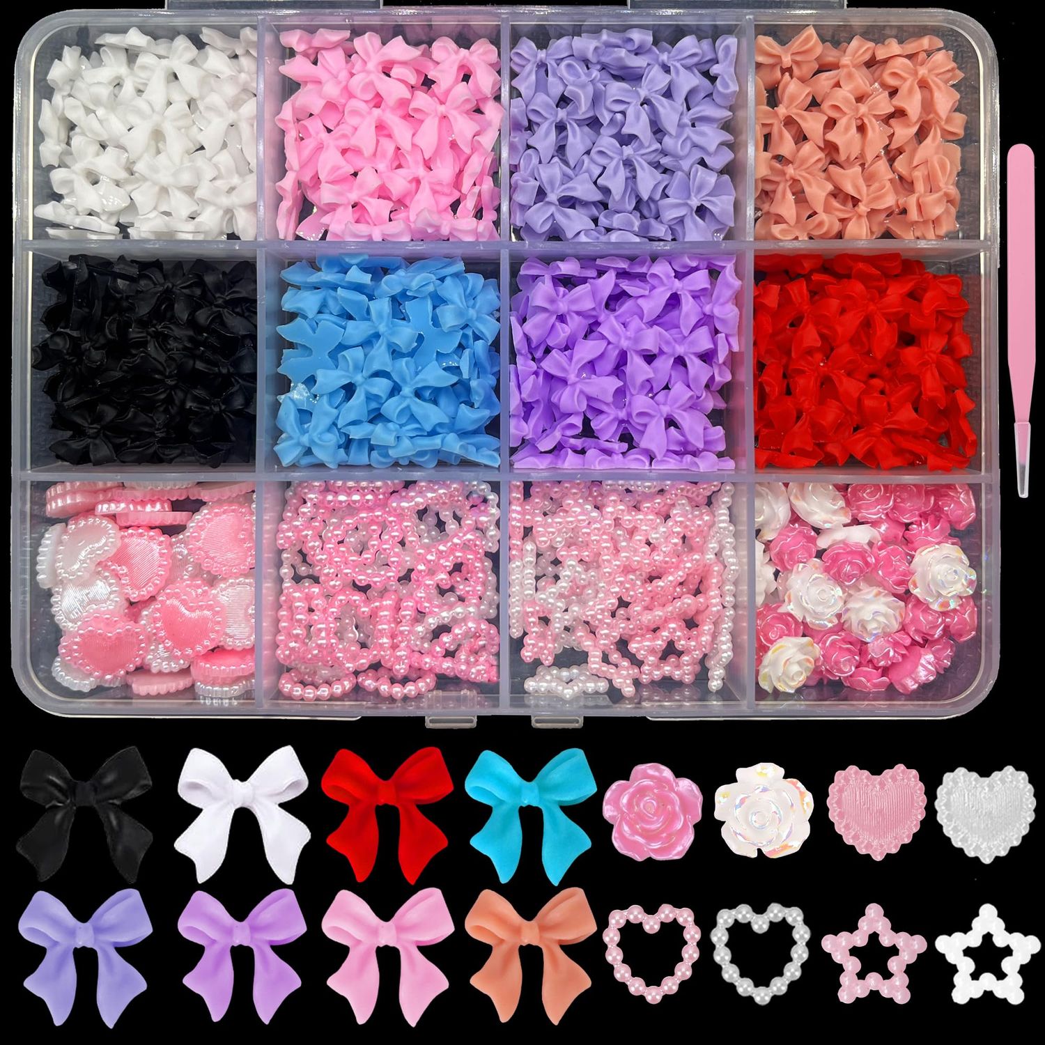 3D Nail Charms Bulk 8 Colors Bow Charms Y2K Flower Rose Heart Star Charms and Gems for Nails Design Nail Pearls Charms for Nail Art