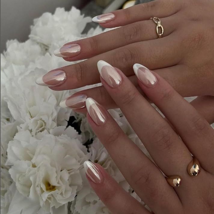 24PCS Press On Nails, Mirror Metal Stiletto Fake Nails, Almond Medium Shape, Stick on Nails, Glue on Nails False Nails (Aurora White Tip)