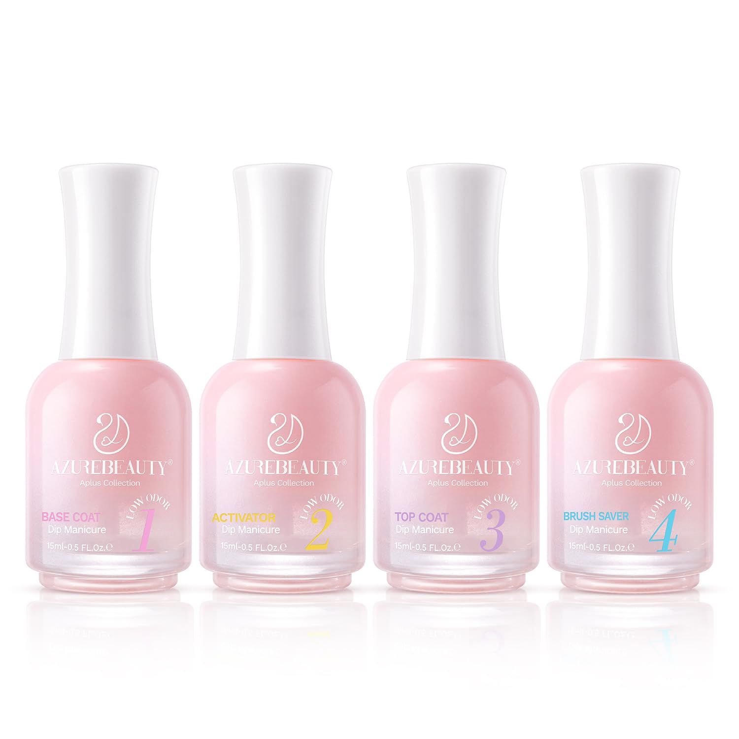 AZUREBEAUTY Low Odor Dip Powder Liquid Set, 15ml/0.5oz Upgraded Clear Base, Activator, Top Coat &amp; Brush Saver,No Lamp Needed for Nail Kit