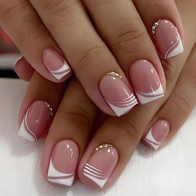 24 Pcs Acrylic Press on Nails, ASONRL Short Medium Square French White Edge Pink Fake Nails with Gold Rhinestones, Glue on Nails Reusable False Nails for Women, French- Gold Diamond Square