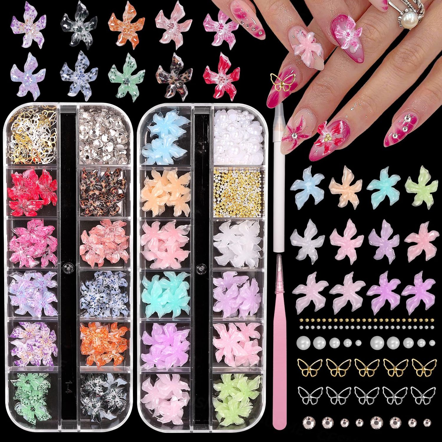 3D Nail Soft Flower Charms for Nail Art, Color Hibiscus Floral Nail Rhinestones Charms, Gradient Soft Lily Flower Nail Gems Jewelry, Acrylic Hawaii Nail Design for Women DIY Accessories