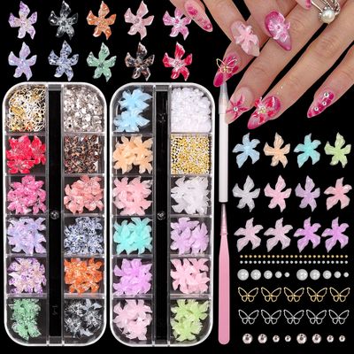 3D Nail Soft Flower Charms for Nail Art, Color Hibiscus Floral Nail Rhinestones Charms, Gradient Soft Lily Flower Nail Gems Jewelry, Acrylic Hawaii Nail Design for Women DIY Accessories