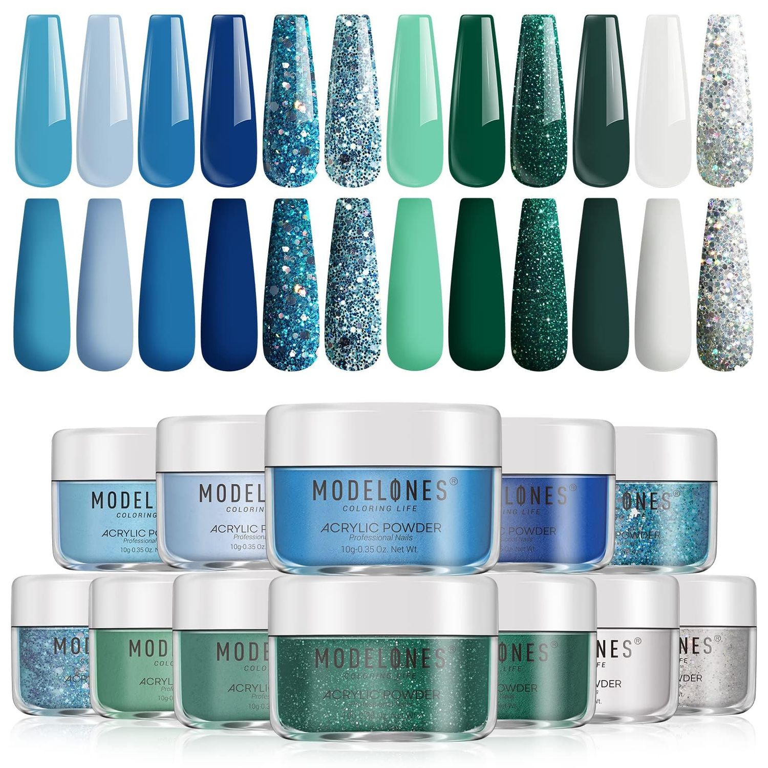 Modelones Acrylic Powder, 12 Colors Acrylic Nail Powder, Blue Green Glitter Acrylic Nail Acrylic Powder, Nail Extension 3D Nail Art Spring Summer French Nail Holiday Gifts for Women Girls