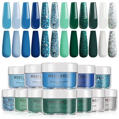 Modelones Acrylic Powder, 12 Colors Acrylic Nail Powder, Blue Green Glitter Acrylic Nail Acrylic Powder, Nail Extension 3D Nail Art Spring Summer French Nail Holiday Gifts for Women Girls