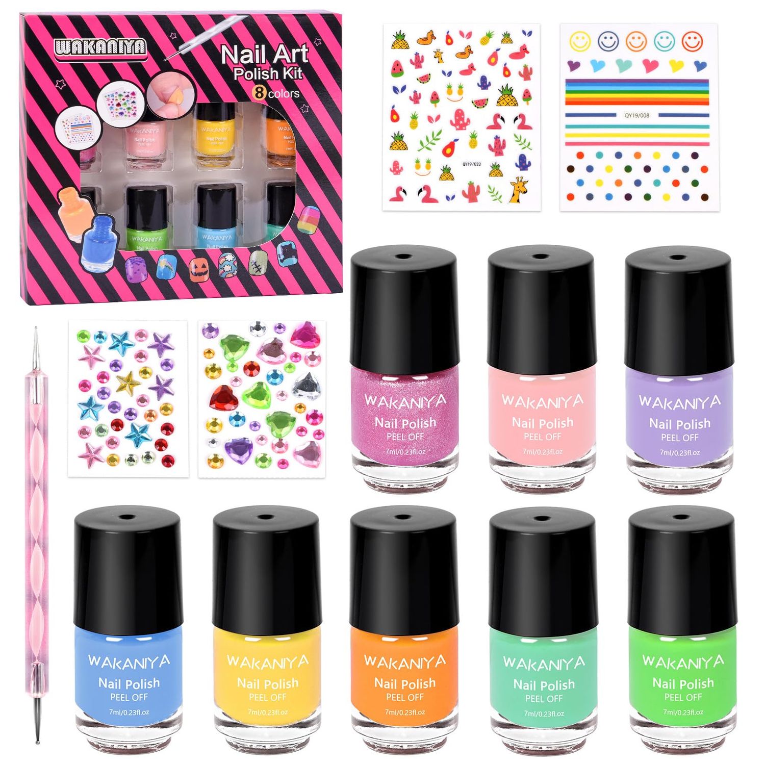 wakaniya Kids Nail Polish Non Toxic Quick Dry Peel-Off Mini Toddler Nail Polish Kit with Gems Stickers 8 Colors Girls Nail Set
