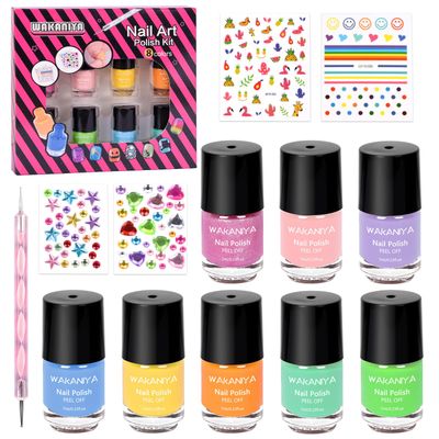 wakaniya Kids Nail Polish Non Toxic Quick Dry Peel-Off Mini Toddler Nail Polish Kit with Gems Stickers 8 Colors Girls Nail Set