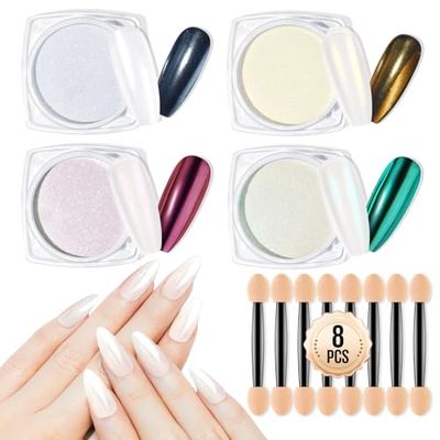 MEFA White Pearl Chrome Nail Powder, 4 pcs Magic Chrome Powder for Nails Mirror Effect Chrome Powder Pigment Pearlescent Mermaid Holographic Nail Powder Glitter Art Decoration