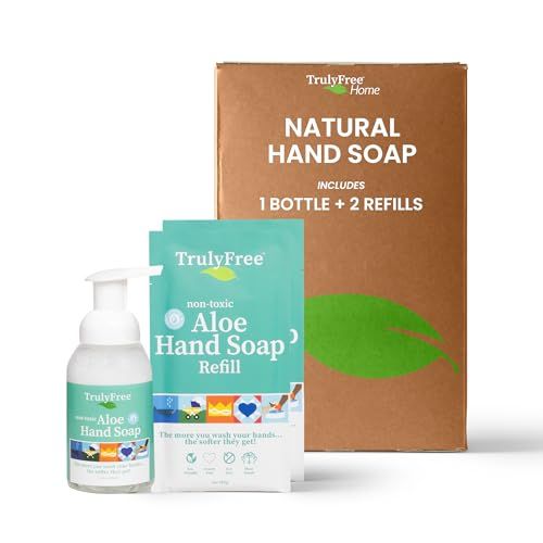 Truly Free Aloe Unscented Hand Soap - 10x Concentrated Aloe Vera, Non-Drying Gentle Cleanser - Bathroom Hand Soap - 1 Empty Bottle with Foaming Dispenser Pump 2 Moisturizing Hand Soap Refill Pouches