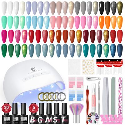 48PC Gel Nail Polish Kit with U V Light Starter Kit, 20 Colors Spring Gel Polish Set Soak Off Multi-Type 5PC Top Base Coat Set Nail Decorations Professional Gel Manicure Kit DIY Salon Gift for Women