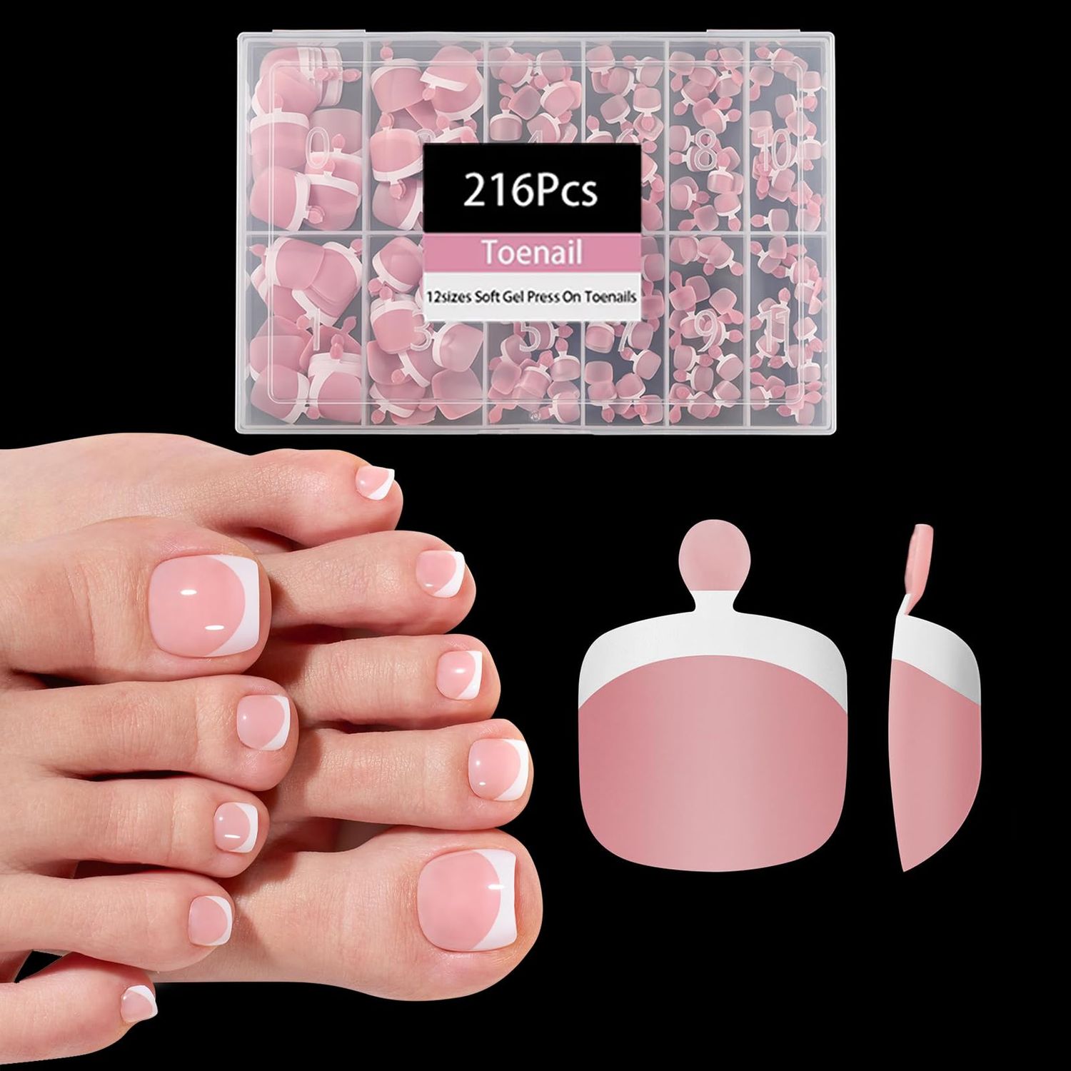 Pink Press on Nail for Women, OPkssnails 216pcs French Tip Press on Toenails Short Square, Soft Gel Toe Nail Tips, Soak off Acrylic Fake Toe Nail Extensions 12 Sizes