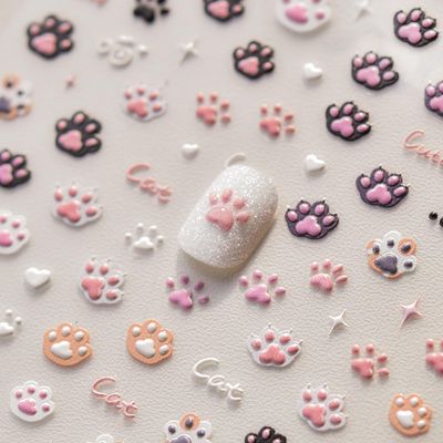 Cat Paw Nail Art Stickers Cute Nail Decals Colorful Embossed Cat Paws 5D Self- Adhesive Cat Paw Cat Footprints Heart Star Letter Nail Design Supplies for Women Girls DIY Nail Art Decoration 1 Sheet