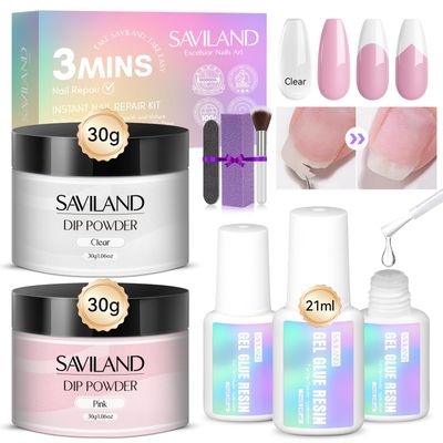 SAVILAND 60g Nail Repair Kit for Split Damaged Nails: 3 Mins Air Dry Quick &amp; Easy Instant Broken Nail Repair Natural Clear &amp; Pink Dip Powder with 21ml Nail Repair Glue Emergency Home &amp; Salon Use