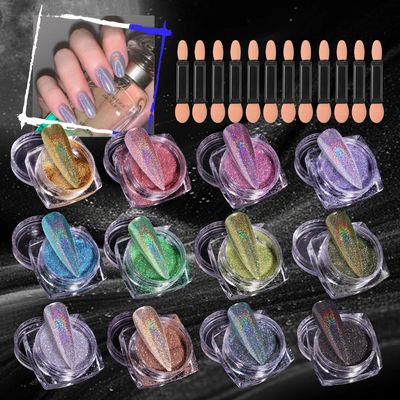 MKNZOME 12 Jars Holographic Nail Powder, Chrome Nail Powder Kit Black Blue Ultra Fine Glitter Powder Set, Rainbow Neon Pigment Manicure Glitter Dust with 12 Pcs Dual Sides Sponge Applicators