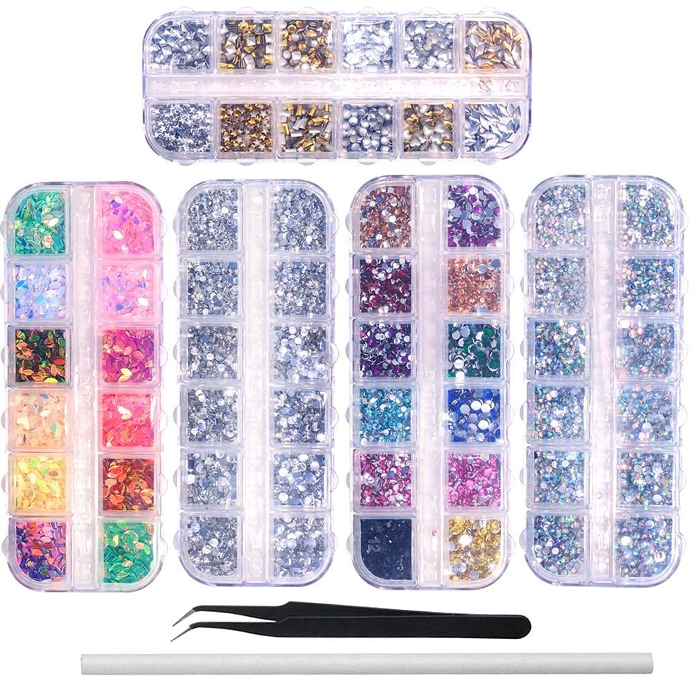 6400pcs Nail Art Rhinestones, Nail Crystal Gems Nail Diamonds, Gold Silver Nail Studs Colorful Nail Sequins &amp; Rhinestones for Nails Kit with Tweezers and Wax Pen for Nail Art Supplies Accessories