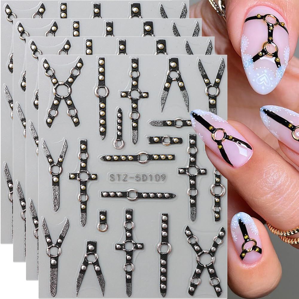 4Sheets 5D Embossed Belt Nail Decals - Y2K Relief Punk Nail Art Stickers &amp; Decorations